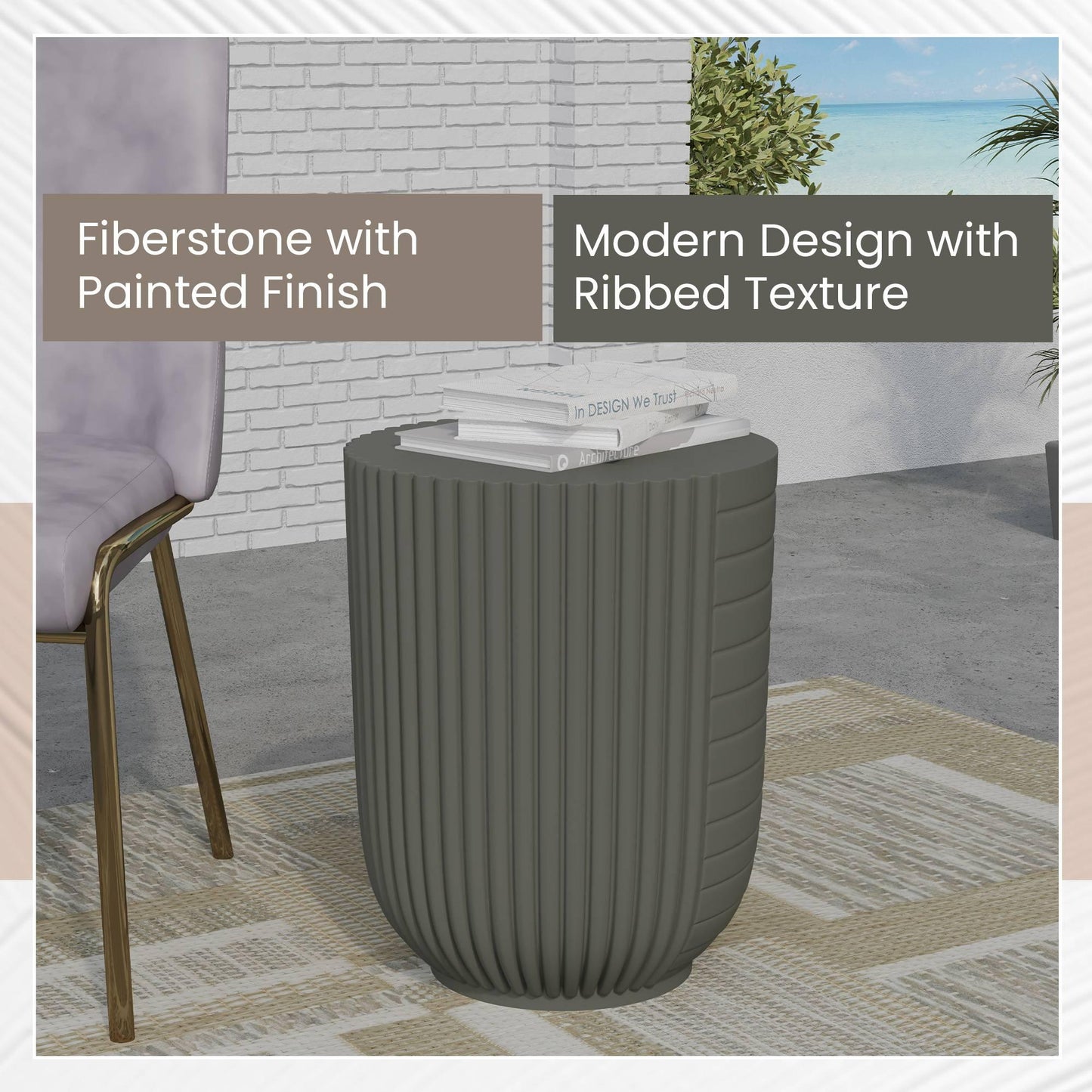 Trove 14" Wide Round Side Fiberstone Table With Ribbed Design - Elax Furniture