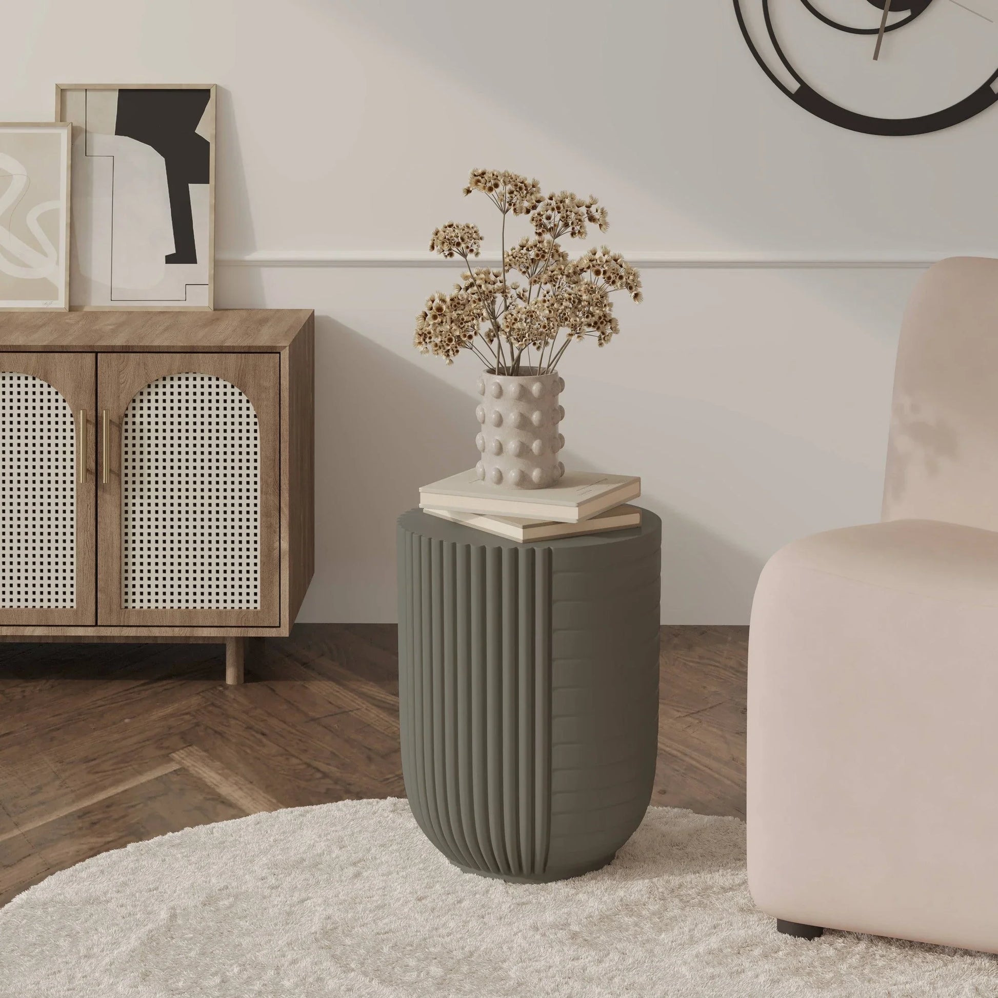 Trove 14" Wide Round Side Fiberstone Table With Ribbed Design - Elax Furniture