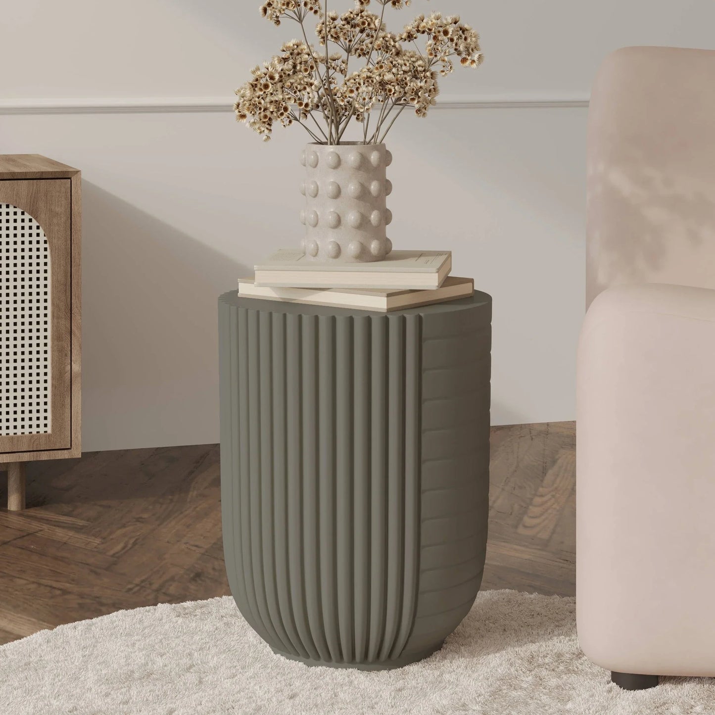 Trove 14" Wide Round Side Fiberstone Table With Ribbed Design - Elax Furniture