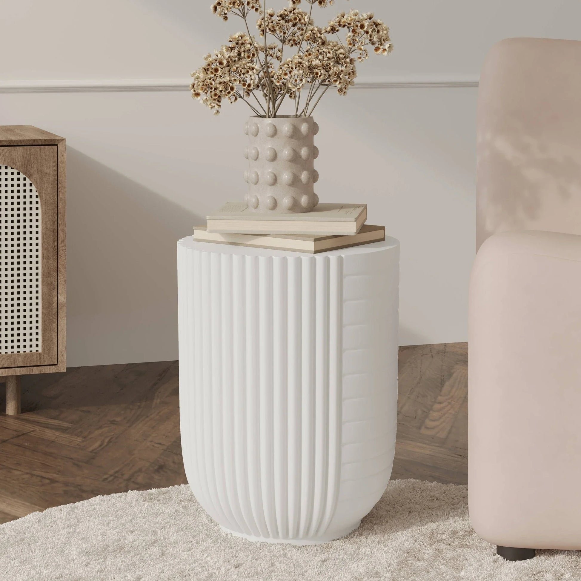 Trove 14" Wide Round Side Fiberstone Table With Ribbed Design - Elax Furniture