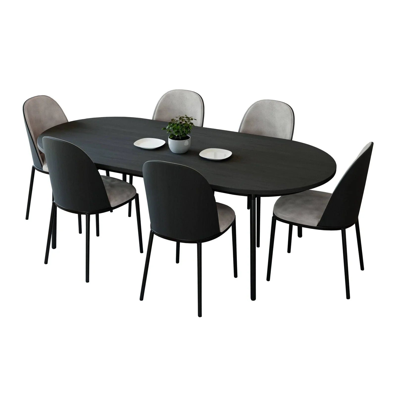 Tule 7-Piece Dining Set: Steel Frame, 6 Upholstered Chairs, 71'' Oval MDF Tabletop - Elax Furniture