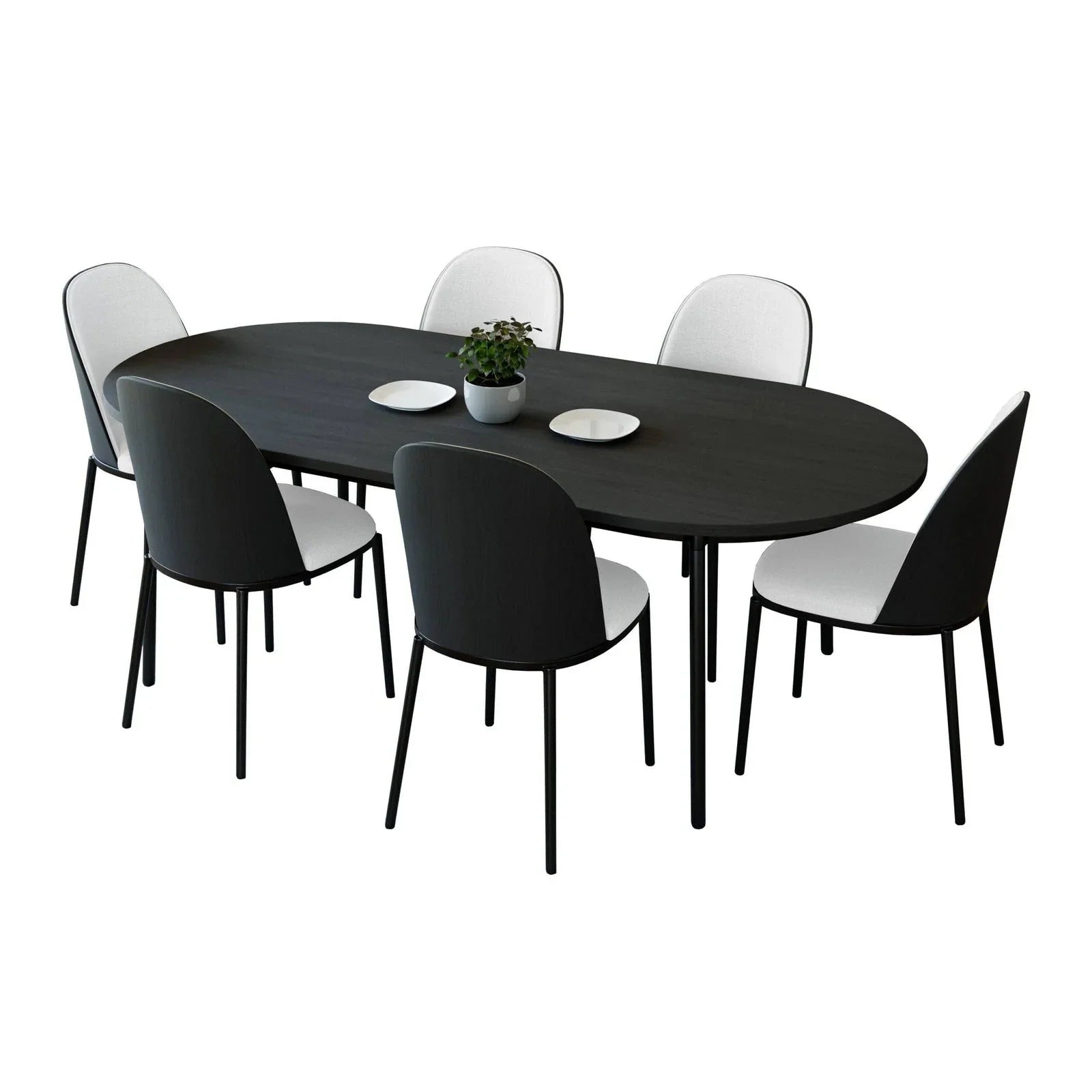 Tule 7-Piece Dining Set: Steel Frame, 6 Upholstered Chairs, 71'' Oval MDF Tabletop - Elax Furniture