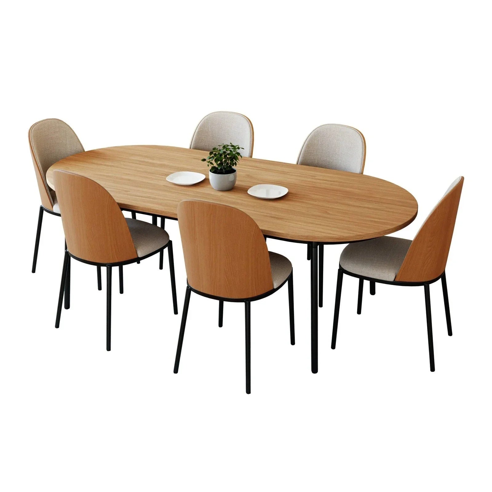 Tule 7-Piece Dining Set: Steel Frame, 6 Upholstered Chairs, 71'' Oval MDF Tabletop - Elax Furniture