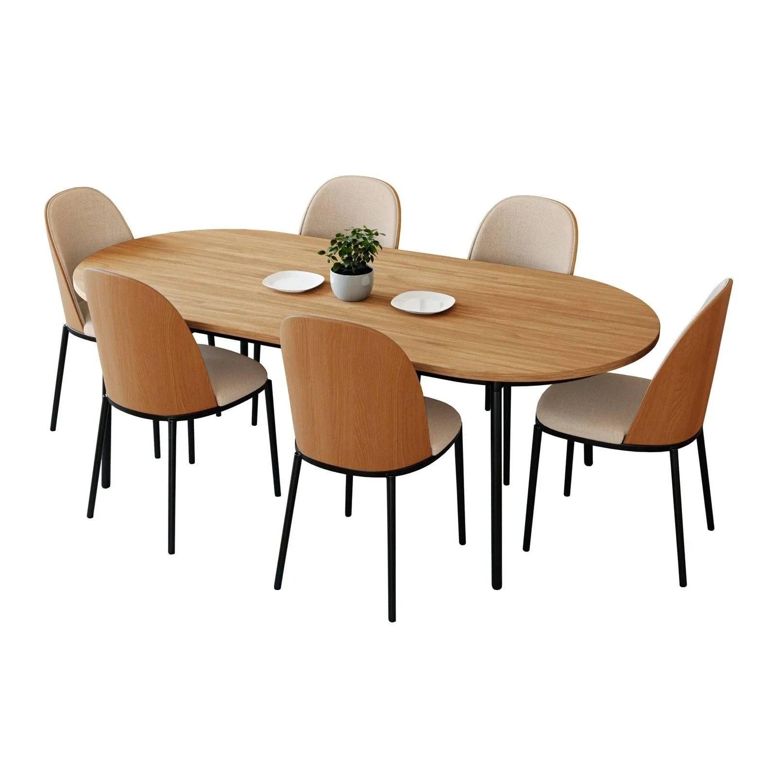 Tule 7-Piece Dining Set: Steel Frame, 6 Upholstered Chairs, 71'' Oval MDF Tabletop - Elax Furniture