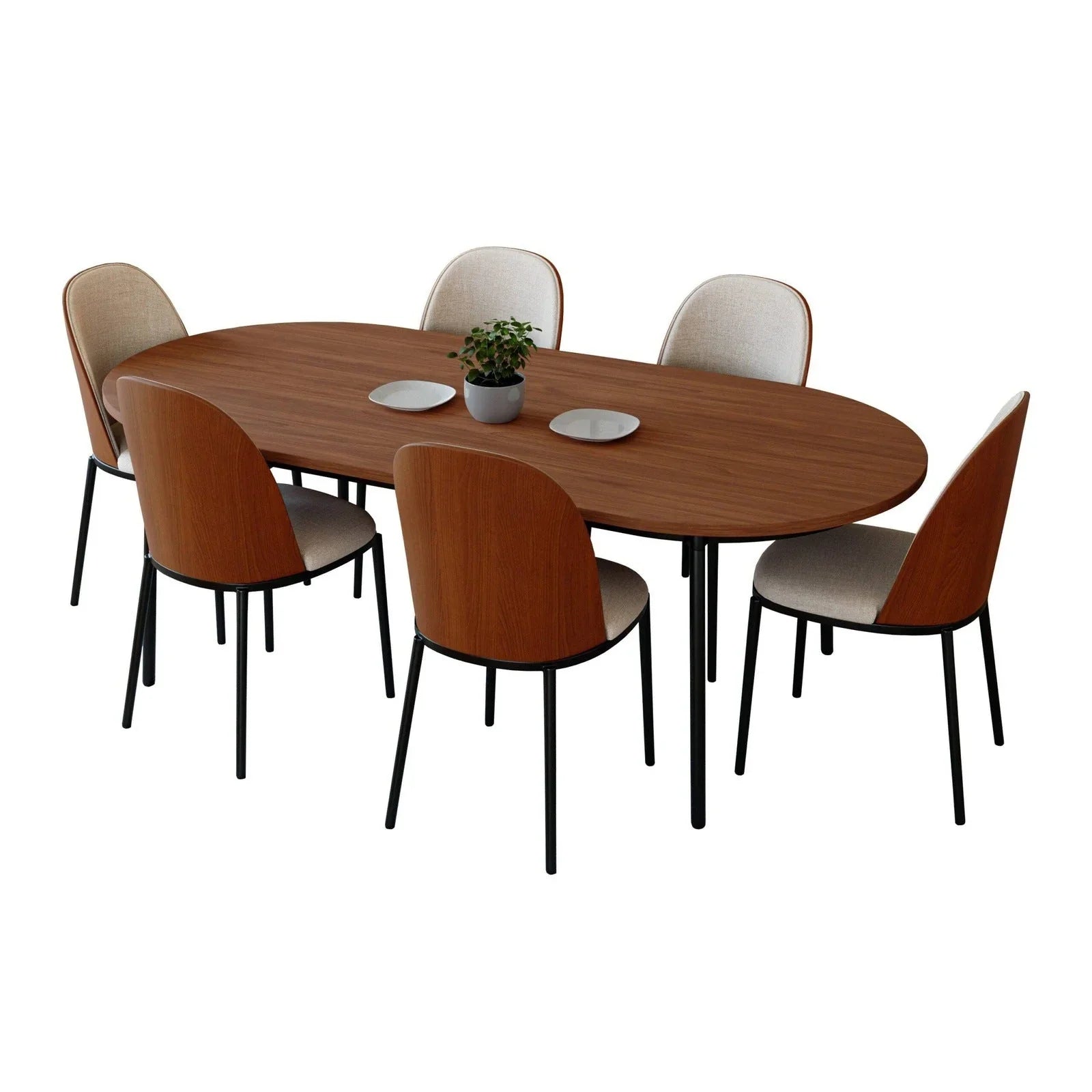Tule 7-Piece Dining Set: Steel Frame, 6 Upholstered Chairs, 71'' Oval MDF Tabletop - Elax Furniture