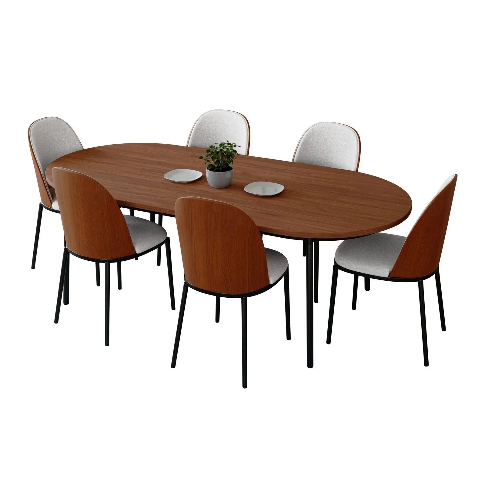 Tule 7-Piece Dining Set: Steel Frame, 6 Upholstered Chairs, 71'' Oval MDF Tabletop - Elax Furniture