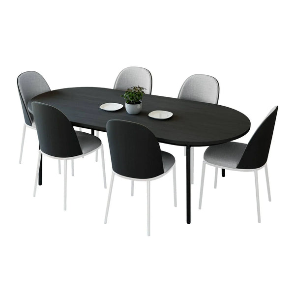 Tule 7-Piece Dining Set with 6 Upholstered Seat Dining Chairs in White Steel Frame and 71" Oval Dining Table with MDF Tabletop - Elax Furniture