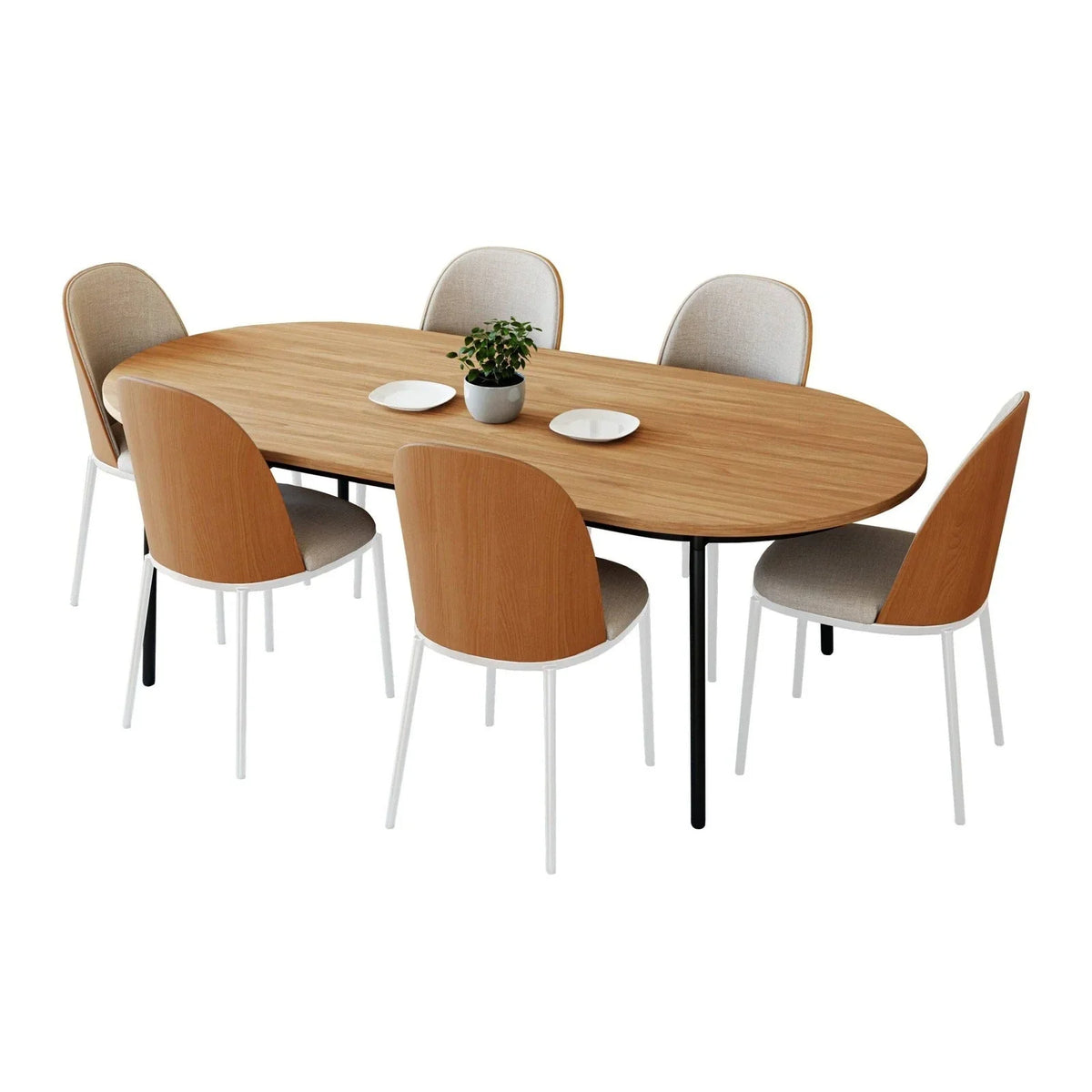 Tule 7-Piece Dining Set with 6 Upholstered Seat Dining Chairs in White Steel Frame and 71" Oval Dining Table with MDF Tabletop - Elax Furniture