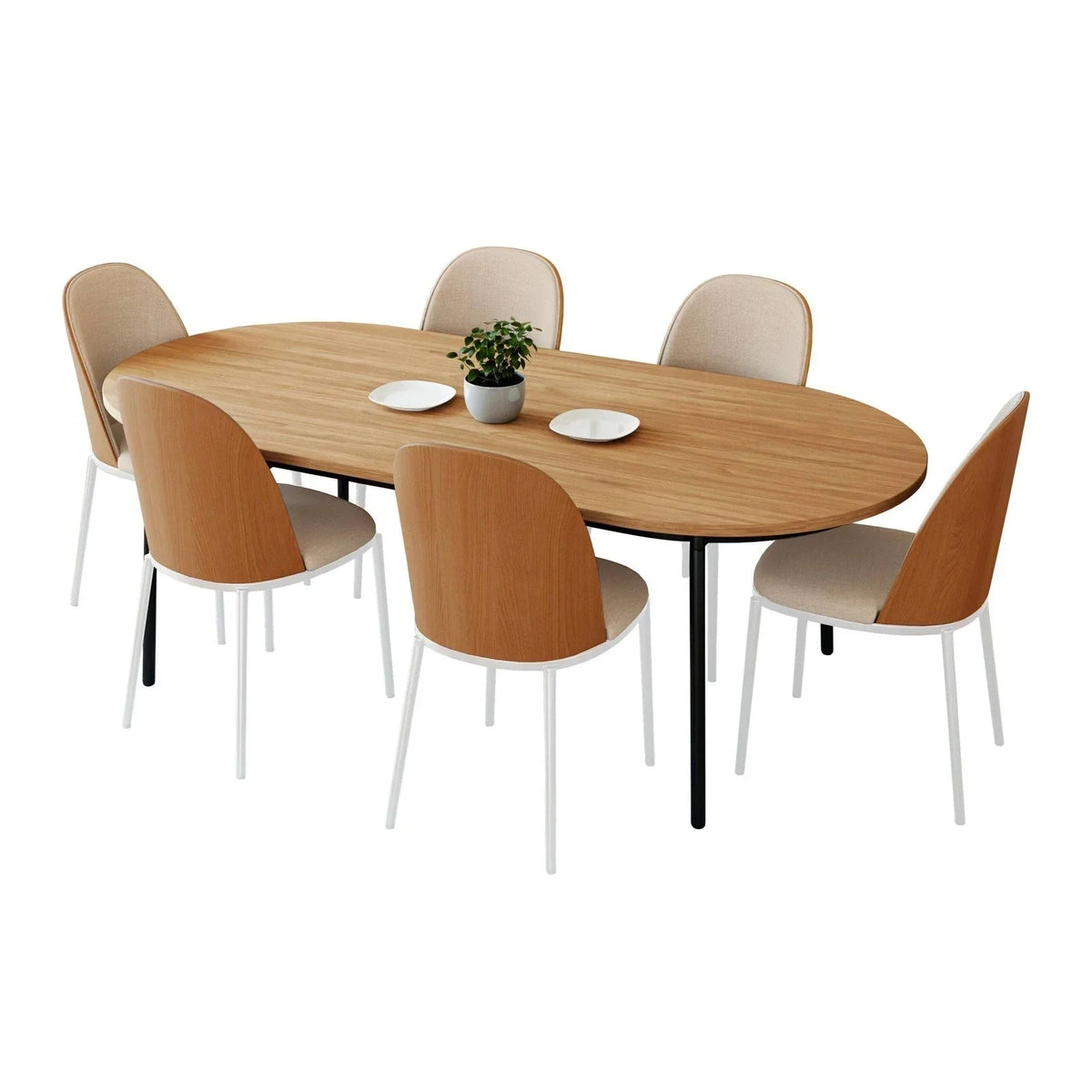 Tule 7-Piece Dining Set with 6 Upholstered Seat Dining Chairs in White Steel Frame and 71" Oval Dining Table with MDF Tabletop - Elax Furniture