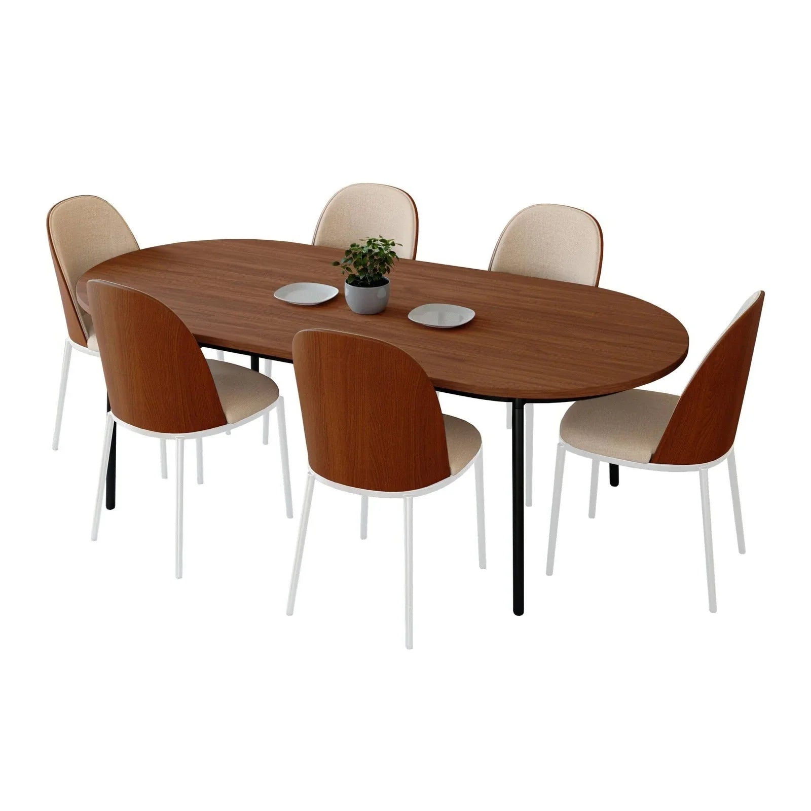 Tule 7-Piece Dining Set with 6 Upholstered Seat Dining Chairs in White Steel Frame and 71" Oval Dining Table with MDF Tabletop - Elax Furniture