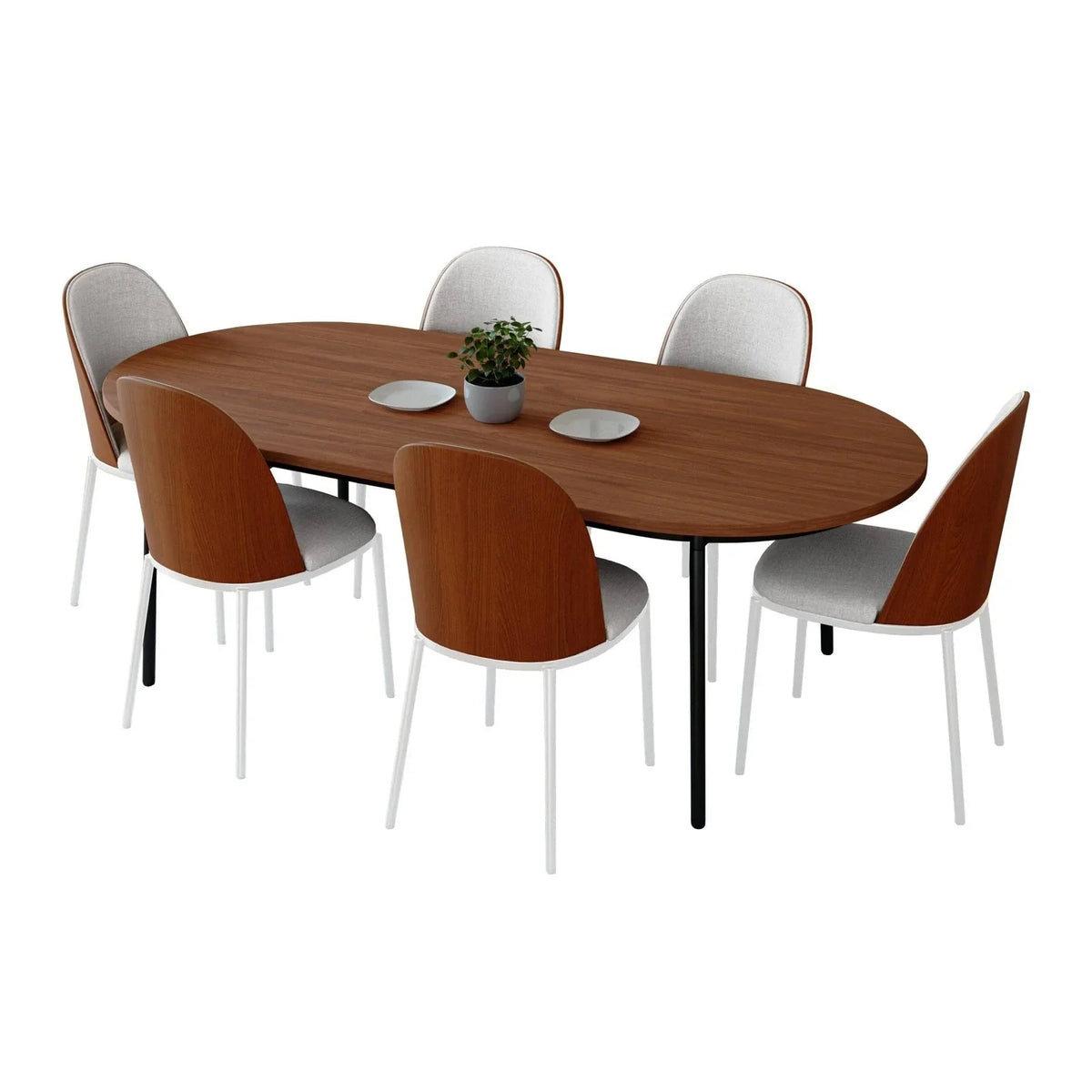 Tule 7-Piece Dining Set with 6 Upholstered Seat Dining Chairs in White Steel Frame and 71" Oval Dining Table with MDF Tabletop - Elax Furniture