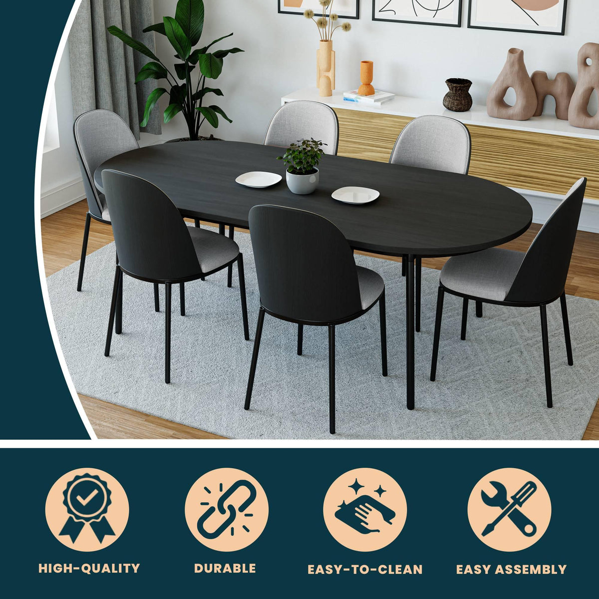 Tule 71" Oval Dining Table with MDF Tabletop and Black Steel Legs - Elax Furniture