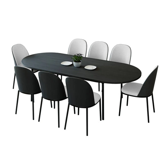 Tule 9-Piece Dining Set in Steel with 8 Upholstered Seat Dining Chairs and 83" Oval Dining Table with MDF Tabletop - Elax Furniture