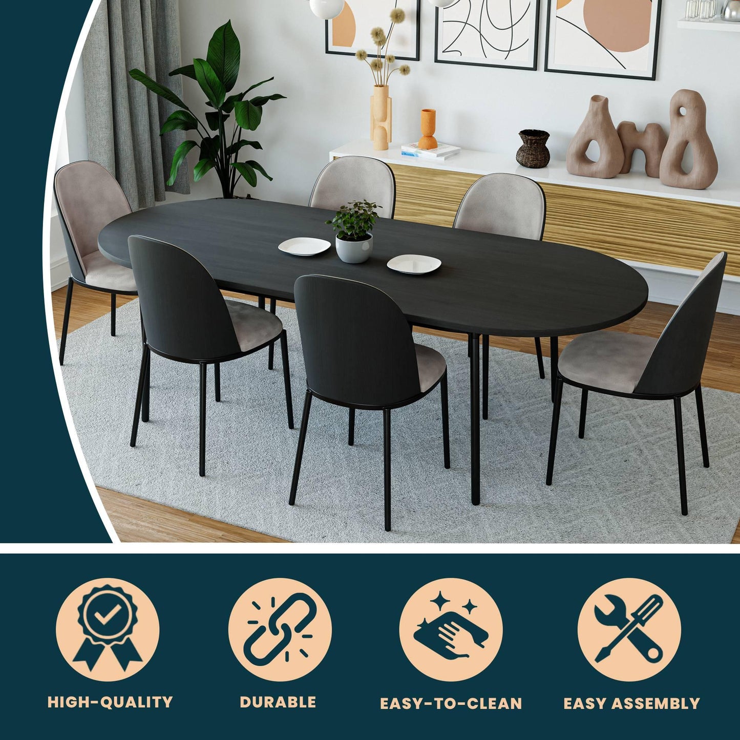 Tule Modern 83" Oval Dining Table with MDF Tabletop and Black Steel Legs - Elax Furniture