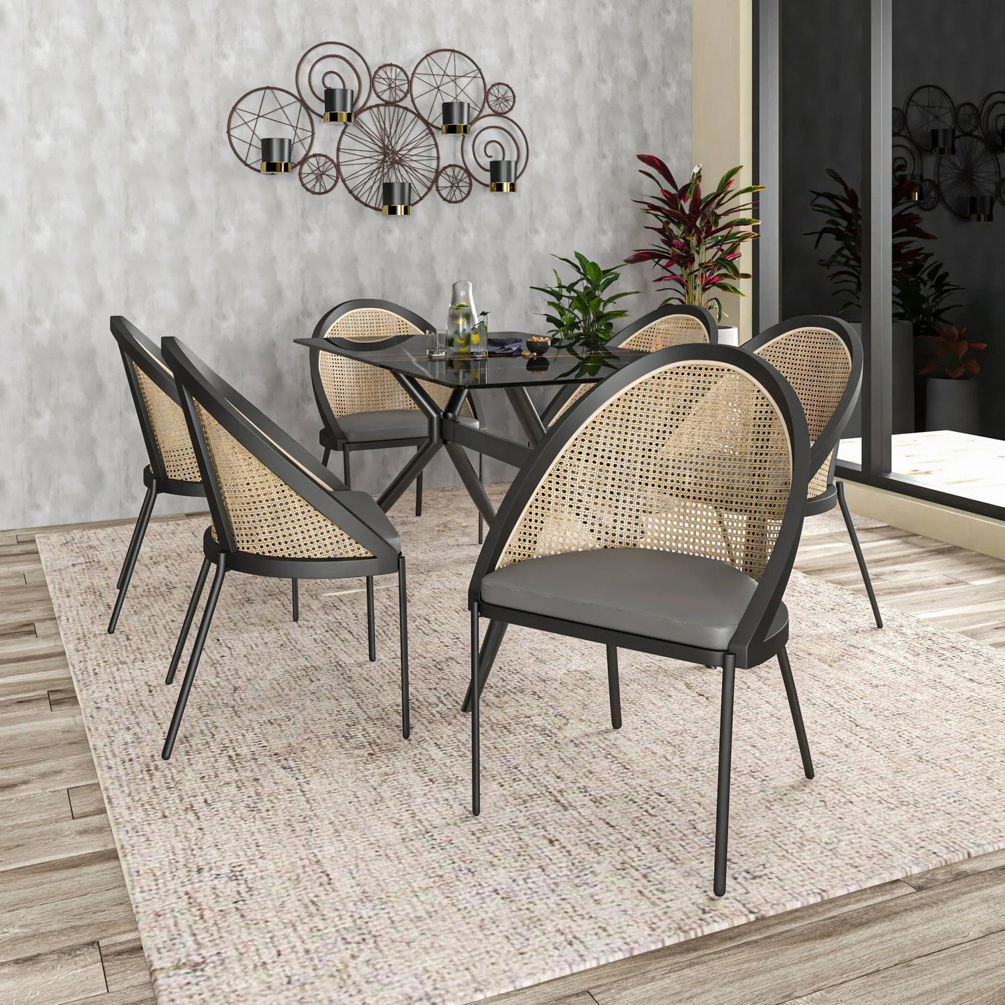 Urbane Dining Chair with Vinyl Fabric Seat and Wicker Backrest in Stainless Steel Legs Set of 4 - Elax Furniture