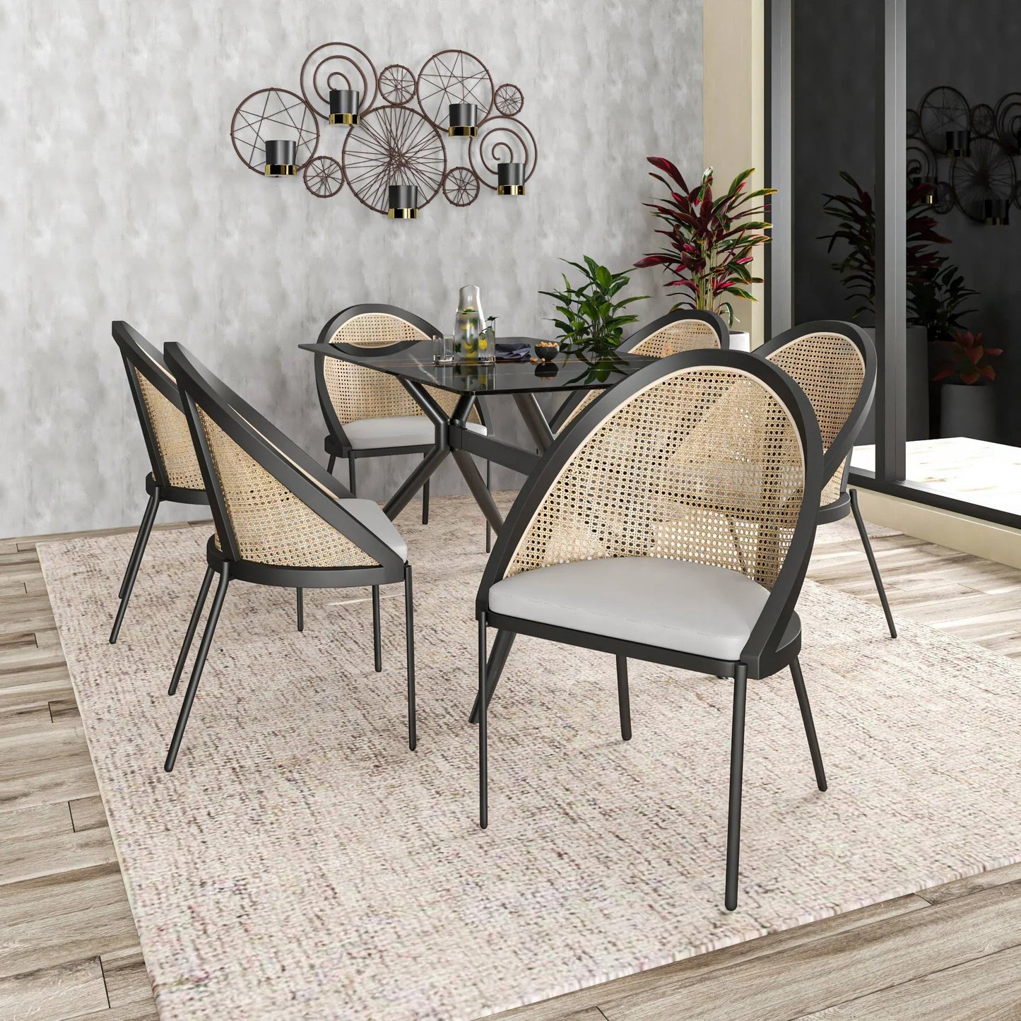 Urbane Dining Chair with Vinyl Fabric Seat and Wicker Backrest in Stainless Steel Legs Set of 2 - Elax Furniture