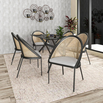 Urbane Dining Chair with Vinyl Fabric Seat and Wicker Backrest in Stainless Steel Legs Set of 2 - Elax Furniture