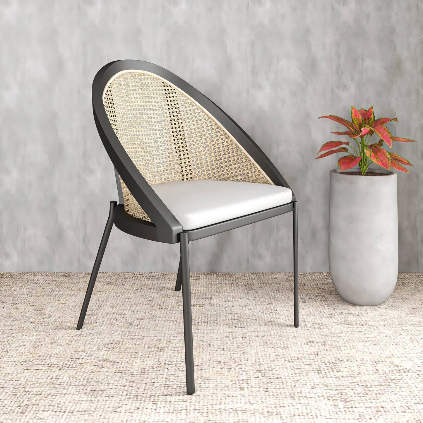 Urbane Dining Chair with Vinyl Fabric Seat and Wicker Backrest in Stainless Steel Legs Set of 4 - Elax Furniture