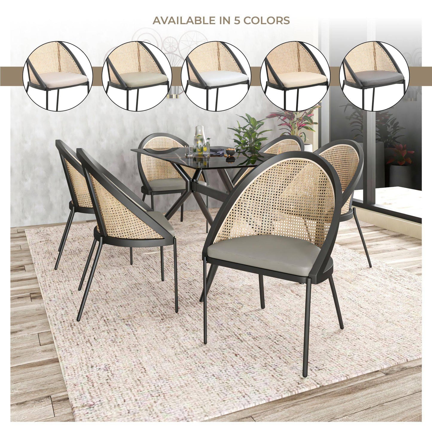 Urbane Dining Chair with Vinyl Fabric Seat and Wicker Backrest in Stainless Steel Legs Set of 2 - Elax Furniture