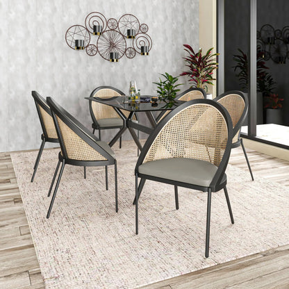 Urbane Dining Chair with Vinyl Fabric Seat and Wicker Backrest in Stainless Steel Legs Set of 4 - Elax Furniture