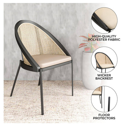 Urbane Dining Chair with Vinyl Fabric Seat and Wicker Backrest in Stainless Steel Legs Set of 2 - Elax Furniture
