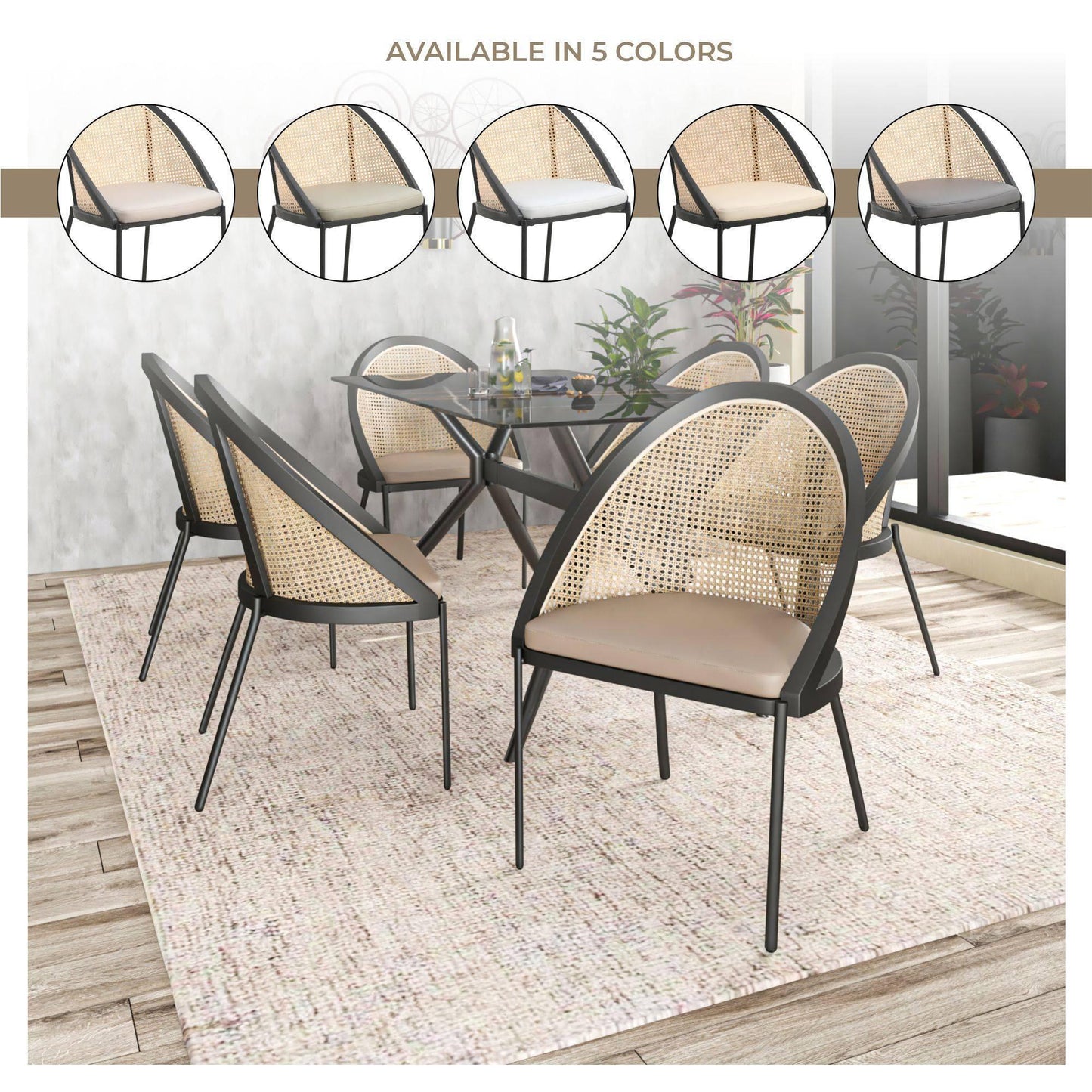 Urbane Dining Chair with Vinyl Fabric Seat and Wicker Backrest in Stainless Steel Legs Set of 4 - Elax Furniture