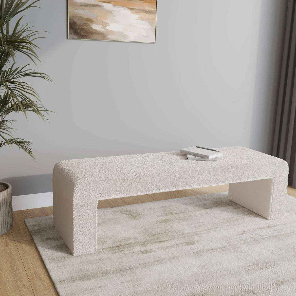 Vint 63" Wide Upholstered Bench in Boucle/Velvet with Curved Waterfall Design - Elax Furniture