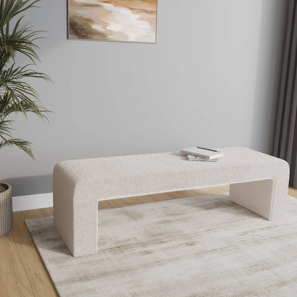 Vint 63" Wide Upholstered Bench in Boucle/Velvet with Curved Waterfall Design