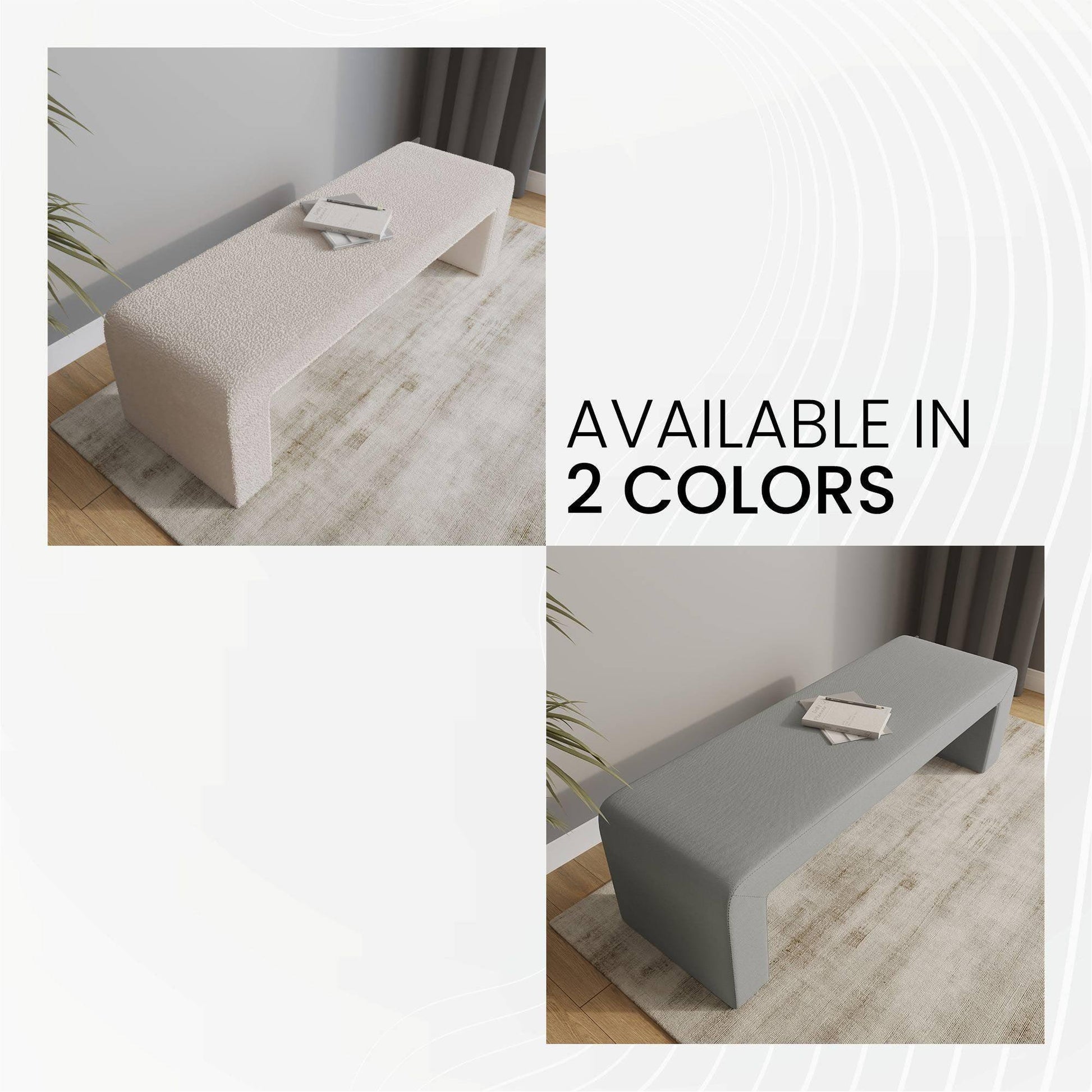 Vint 63" Wide Upholstered Bench in Boucle/Velvet with Curved Waterfall Design - Elax Furniture