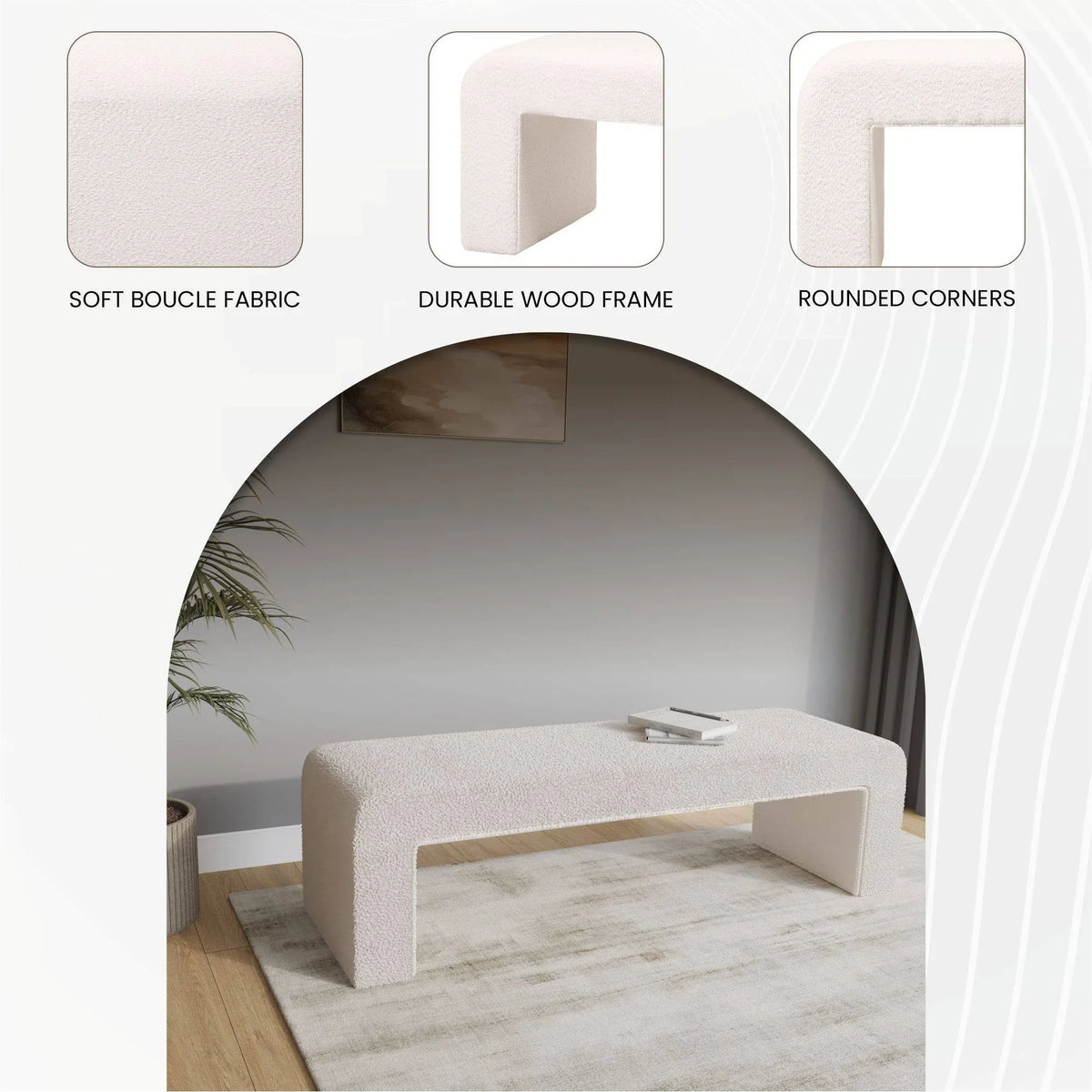 Vint 63" Wide Upholstered Bench in Boucle/Velvet with Curved Waterfall Design - Elax Furniture