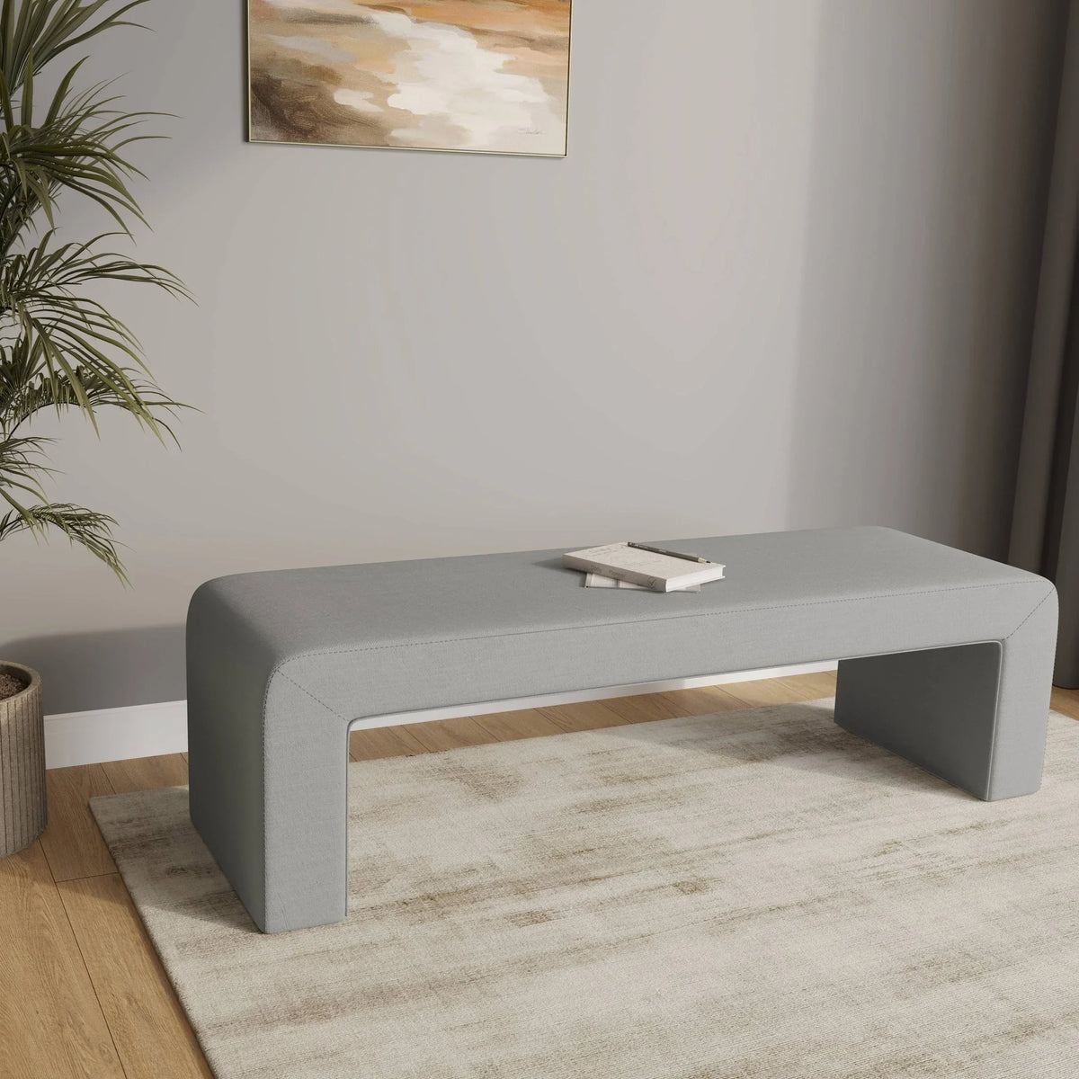 Vint 63" Wide Upholstered Bench in Boucle/Velvet with Curved Waterfall Design - Elax Furniture