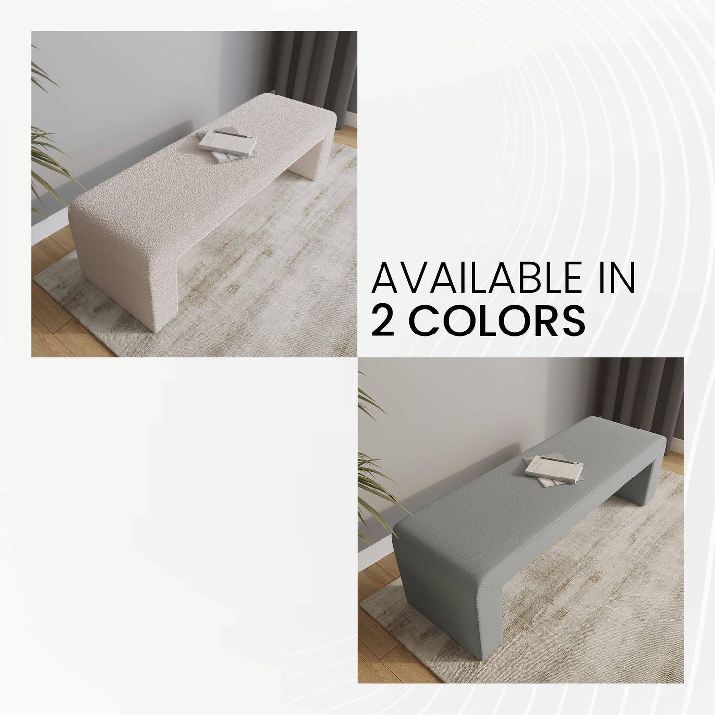 Vint 63" Wide Upholstered Bench in Boucle/Velvet with Curved Waterfall Design - Elax Furniture