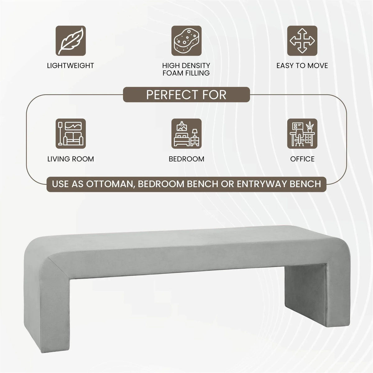 Vint 63" Wide Upholstered Bench in Boucle/Velvet with Curved Waterfall Design - Elax Furniture