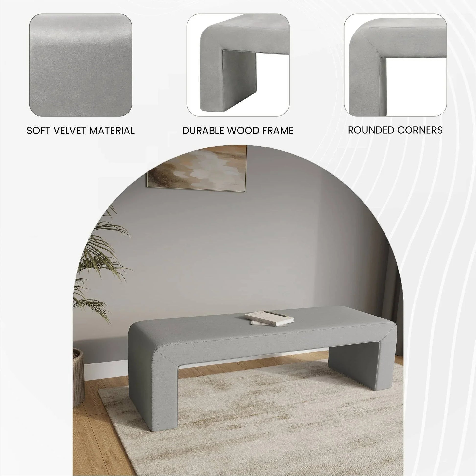 Vint 63" Wide Upholstered Bench in Boucle/Velvet with Curved Waterfall Design - Elax Furniture