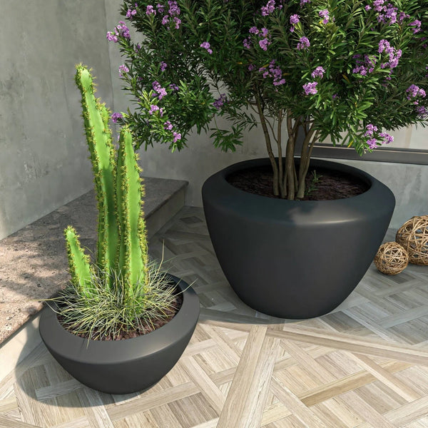 Vessel Mid-Century Modern 2-Piece Round Fiberstone and MGO Clay Planter Set for Indoor and Outdoor Home