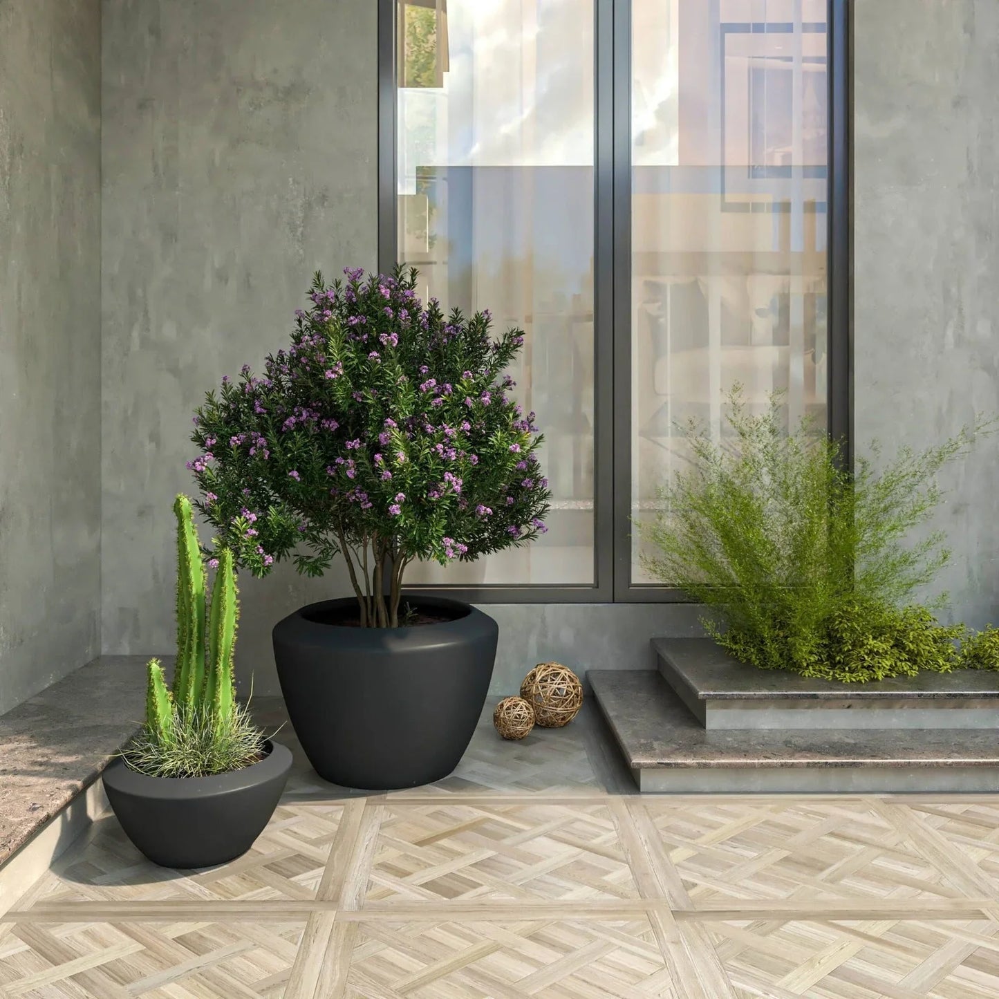 Vessel Mid-Century Modern 2-Piece Round Fiberstone and MGO Clay Planter Set for Indoor and Outdoor Home - Elax Furniture