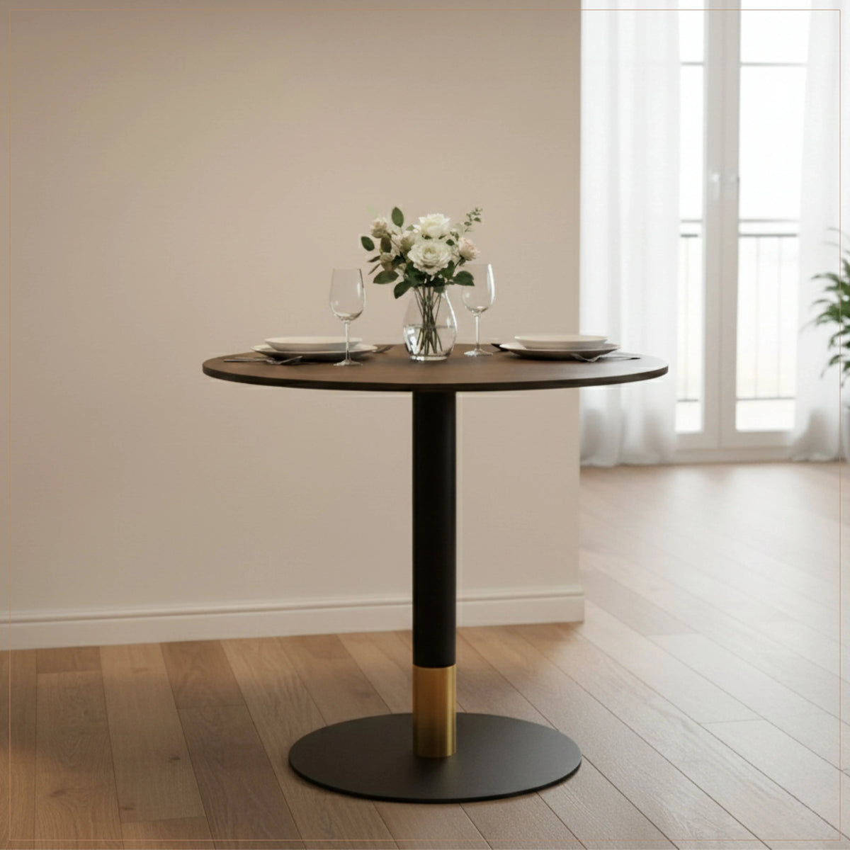 LeisureMod Vail Collection Dining Table Black/Gold Base With 27"/36" Round Black MDF Top