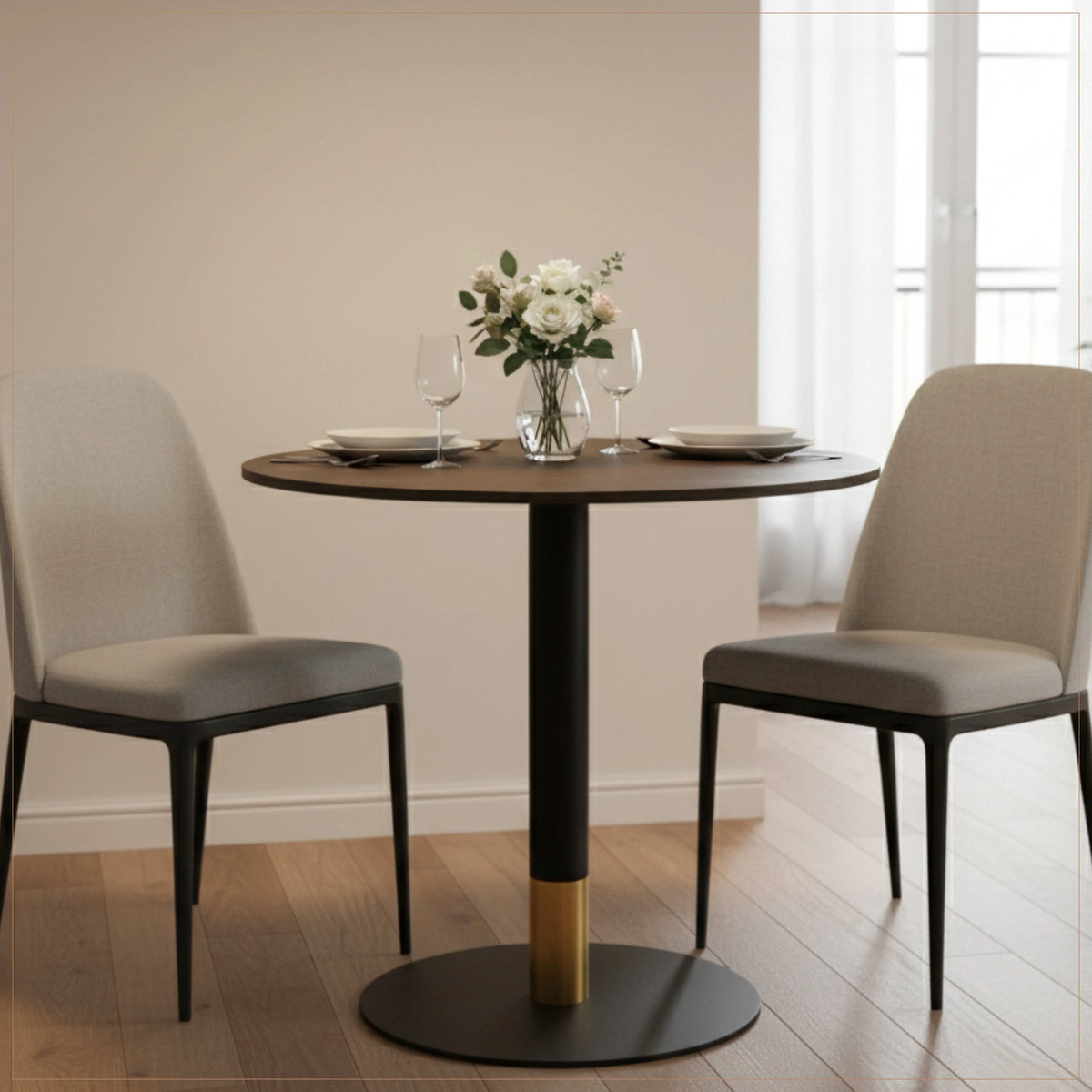 LeisureMod Vail Collection Dining Table Black/Gold Base With 27"/36" Round Black MDF Top