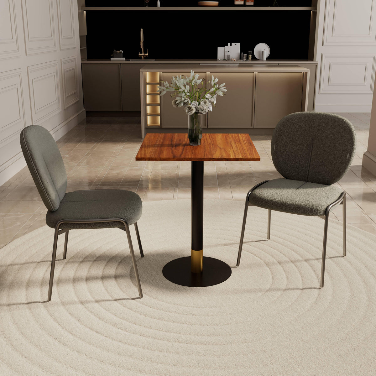 LeisureMod Vail Collection Dining Table Black/Gold Round Base With 24" Square Black MDF Top - Elax Furniture