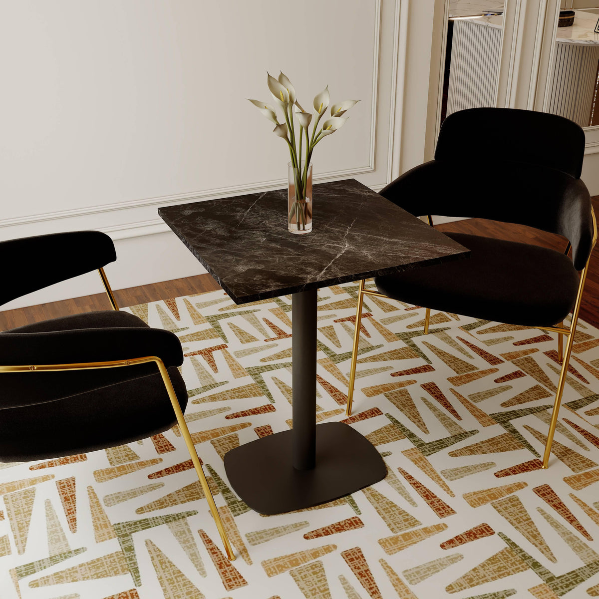 LeisureMod Vail Collection Dining Table Black Rectangle Base With 24" Square MDF Top - Elax Furniture