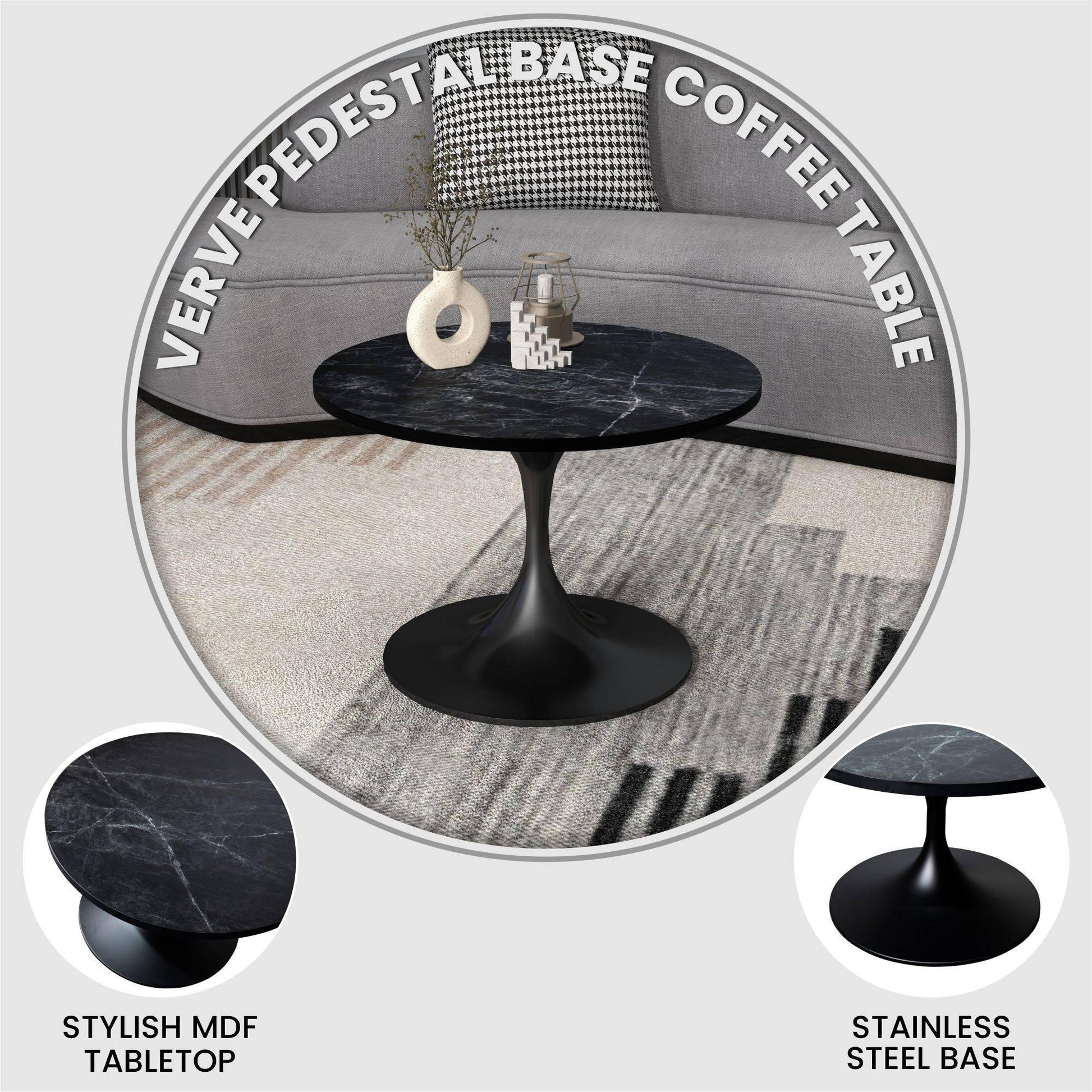 Verve 27” Round Coffee Table with MDF Top and Stainless Steel Base - Elax Furniture