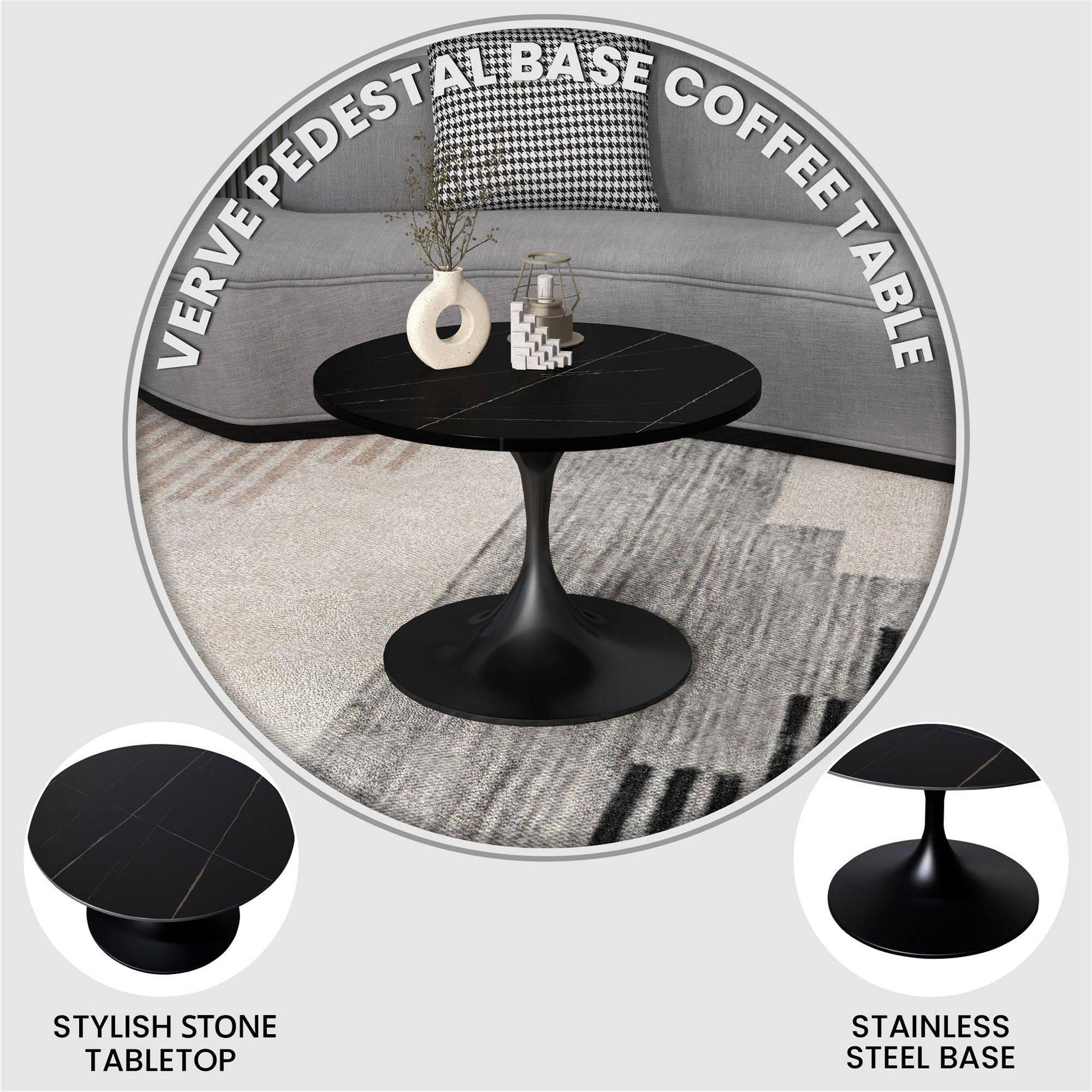 Verve 27” Round Coffee Table with Sintered Stone Top and Stainless Steel Base - Elax Furniture