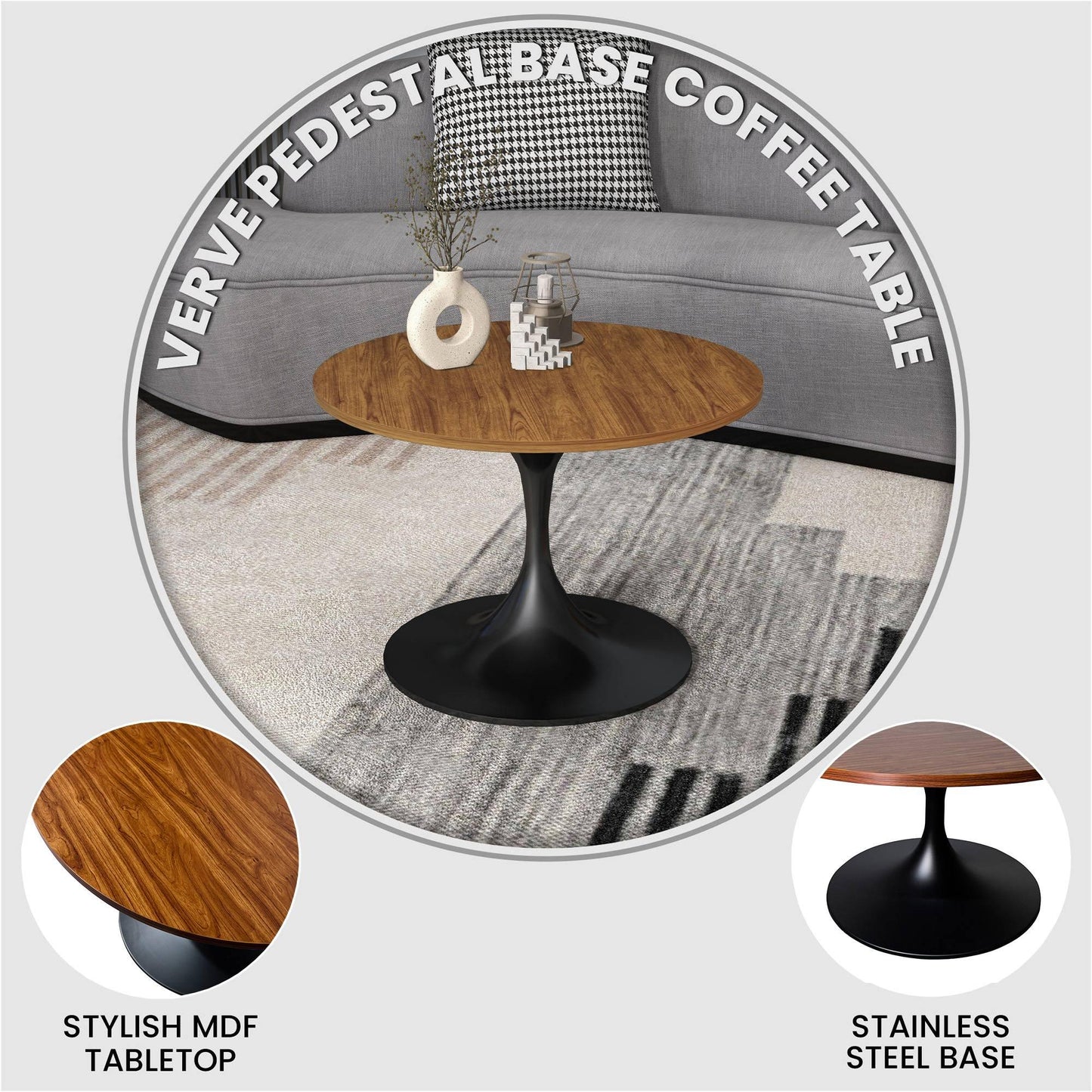 Verve 27” Round Coffee Table with MDF Top and Stainless Steel Base - Elax Furniture