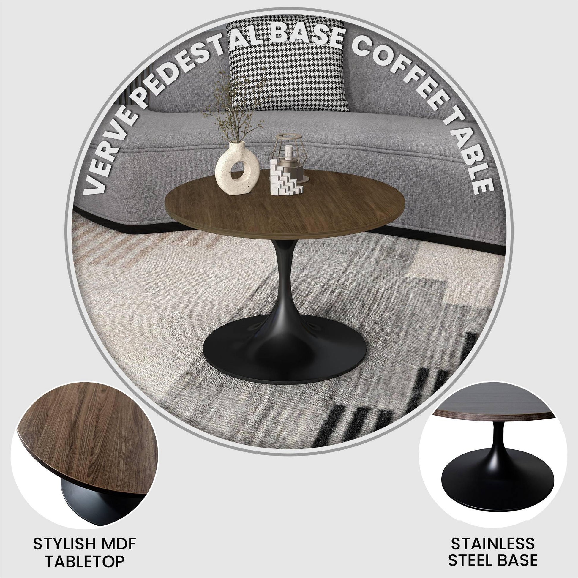 Verve 27” Round Coffee Table with MDF Top and Stainless Steel Base - Elax Furniture