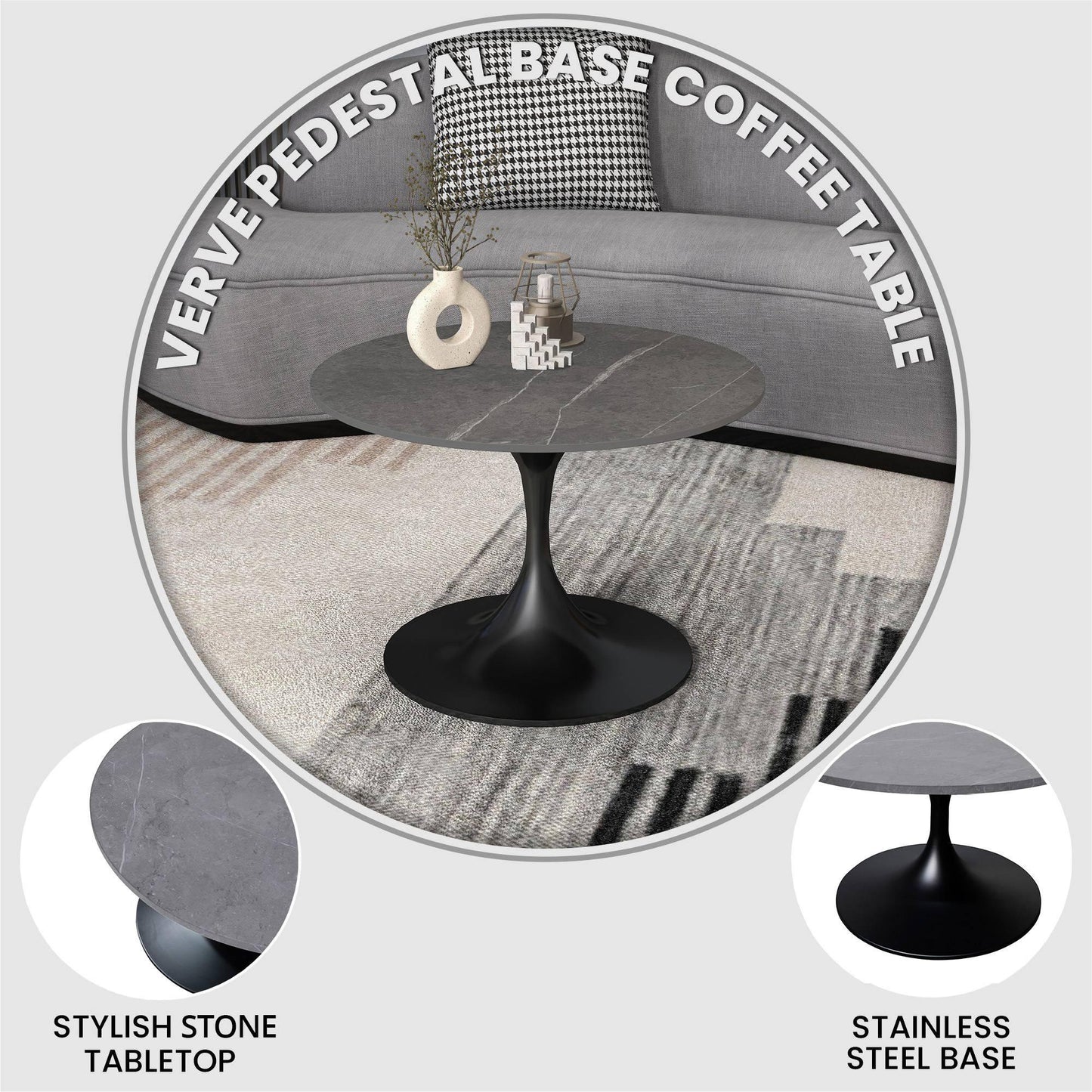 Verve 27” Round Coffee Table with Sintered Stone Top and Stainless Steel Base - Elax Furniture