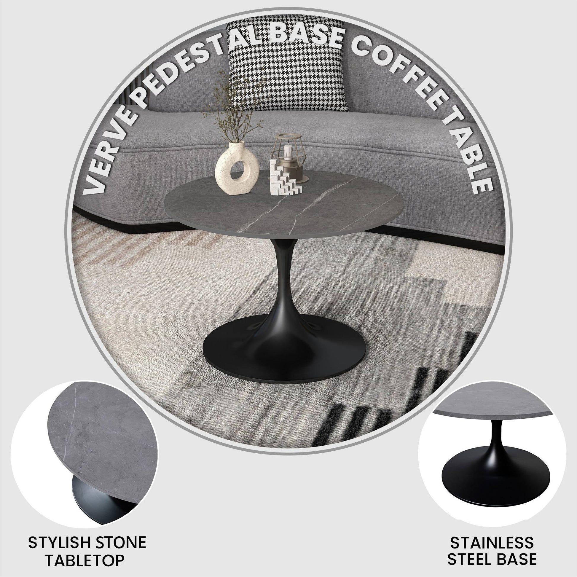 Verve 27” Round Coffee Table with Sintered Stone Top and Stainless Steel Base - Elax Furniture