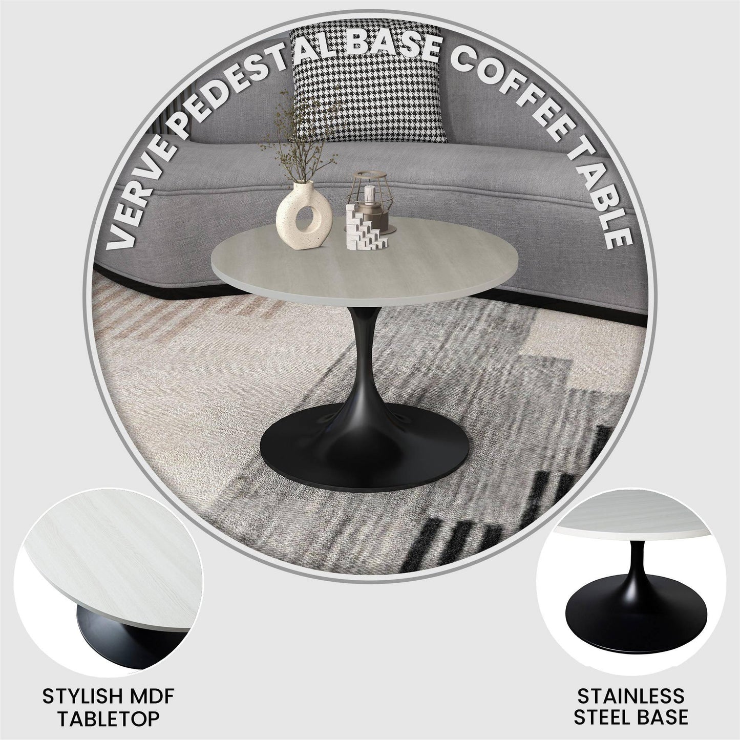Verve 27” Round Coffee Table with MDF Top and Stainless Steel Base - Elax Furniture