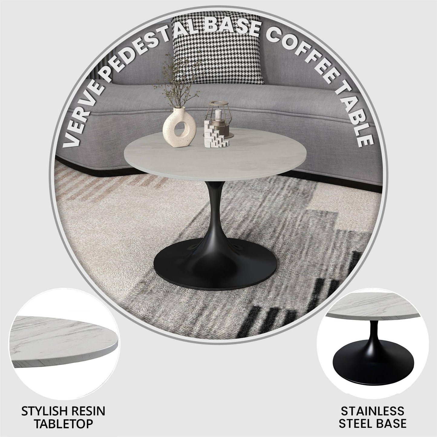 Verve 27” Round Coffee Table with Resin Top and Stainless Steel Base - Elax Furniture