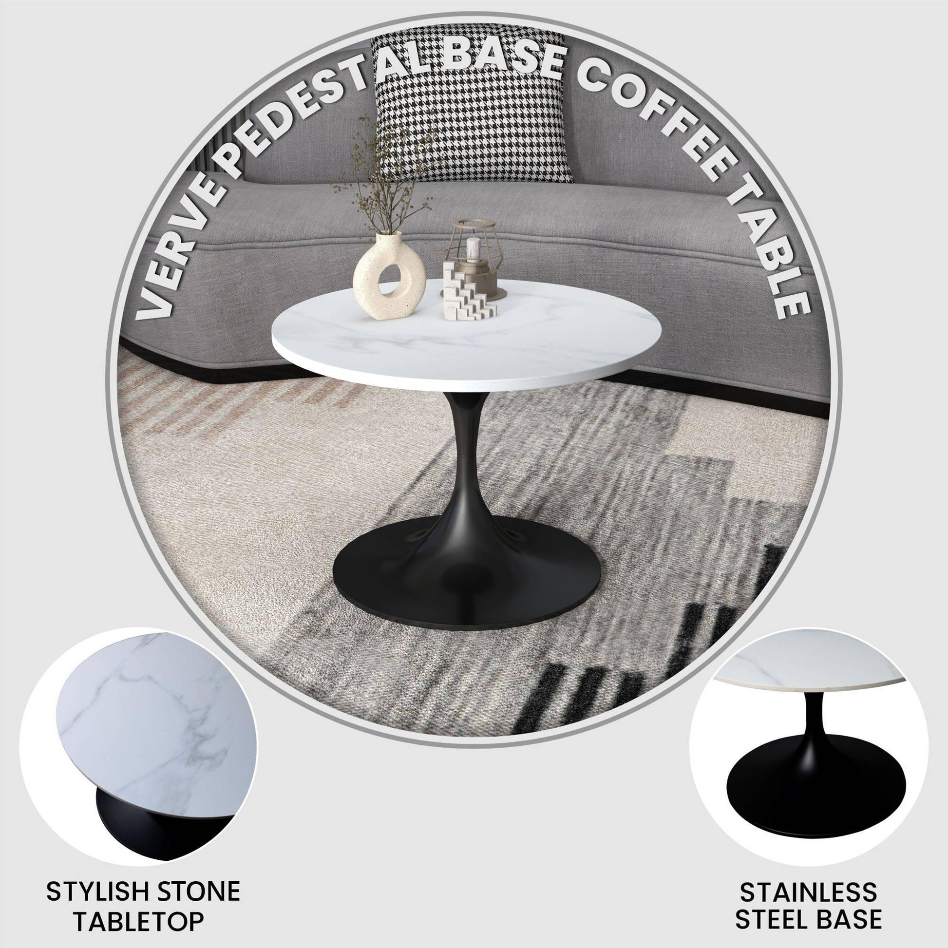 Verve 27” Round Coffee Table with Sintered Stone Top and Stainless Steel Base - Elax Furniture
