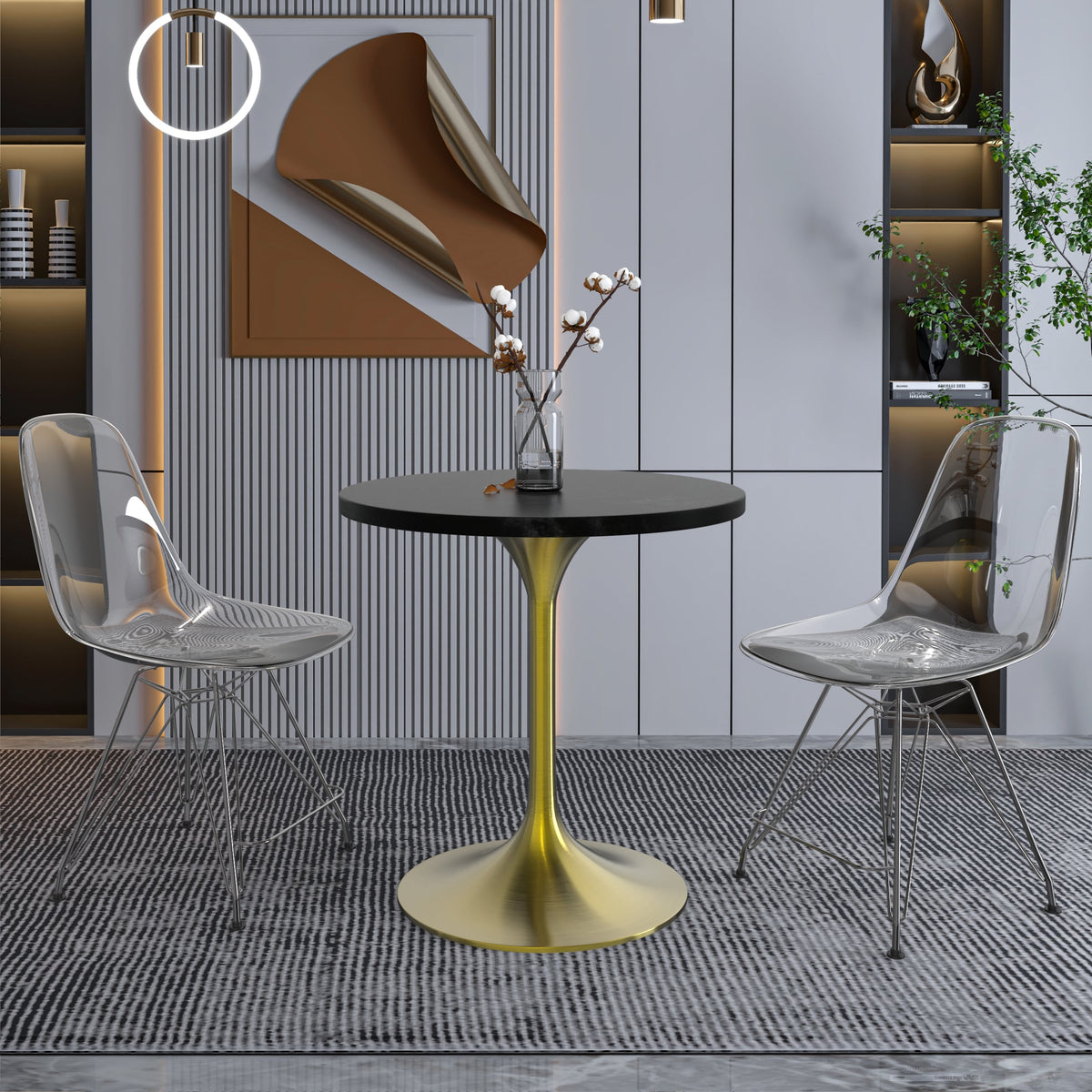 Verve Round Dining Table with MDF/Sintered Stone/Resin Tabletop in Gold Stainless Steel Pedestal Base MDF 27 Inch Black Dining Table Leisuremod